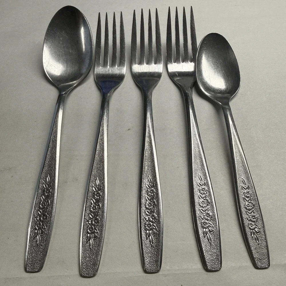 5 Simeon L George H Rogers Stainless Flatware Dinner Forks Spoons Spring Ballad